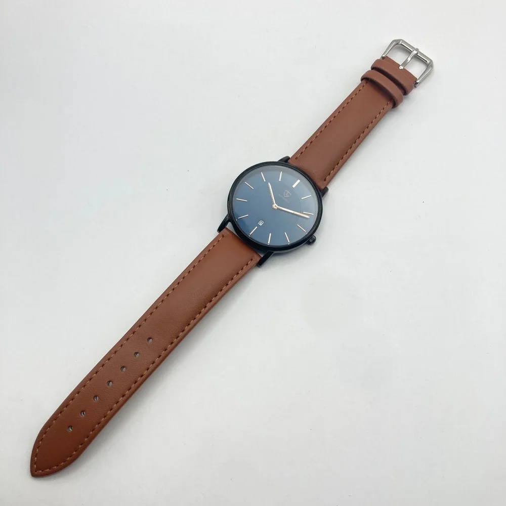 Lavaredo Men's Watch 40mm Black Blue Dial Date Brown Leather 30M New Battery 9